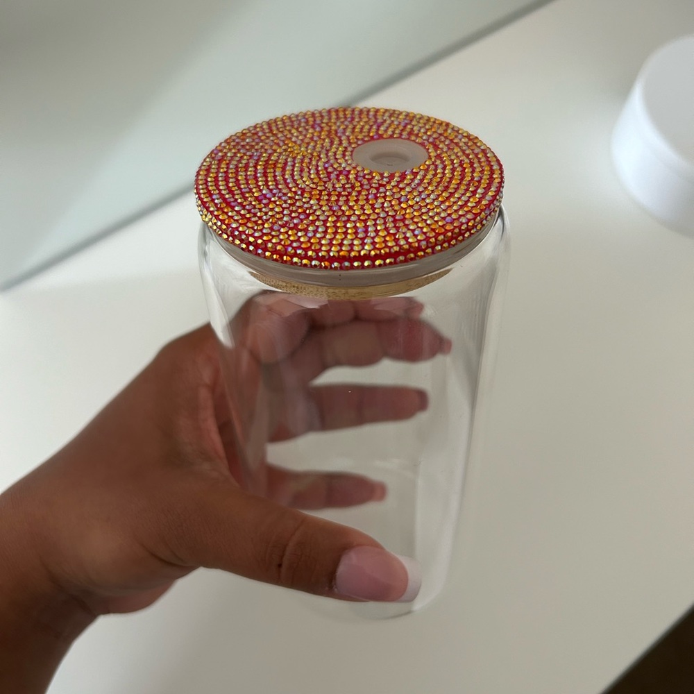 Glass cup with rhinestone lid new!! Handmade